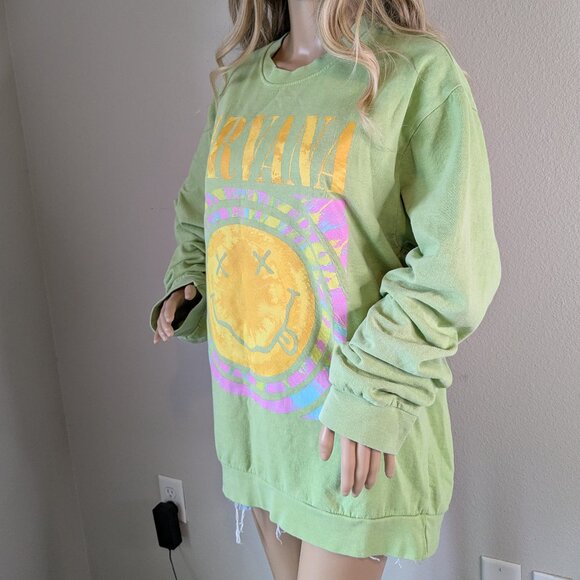 Nirvana Sweatshirt Women's XL Green Oversized Smiley Graphic Colorful Pullover - Picture 2 of 14